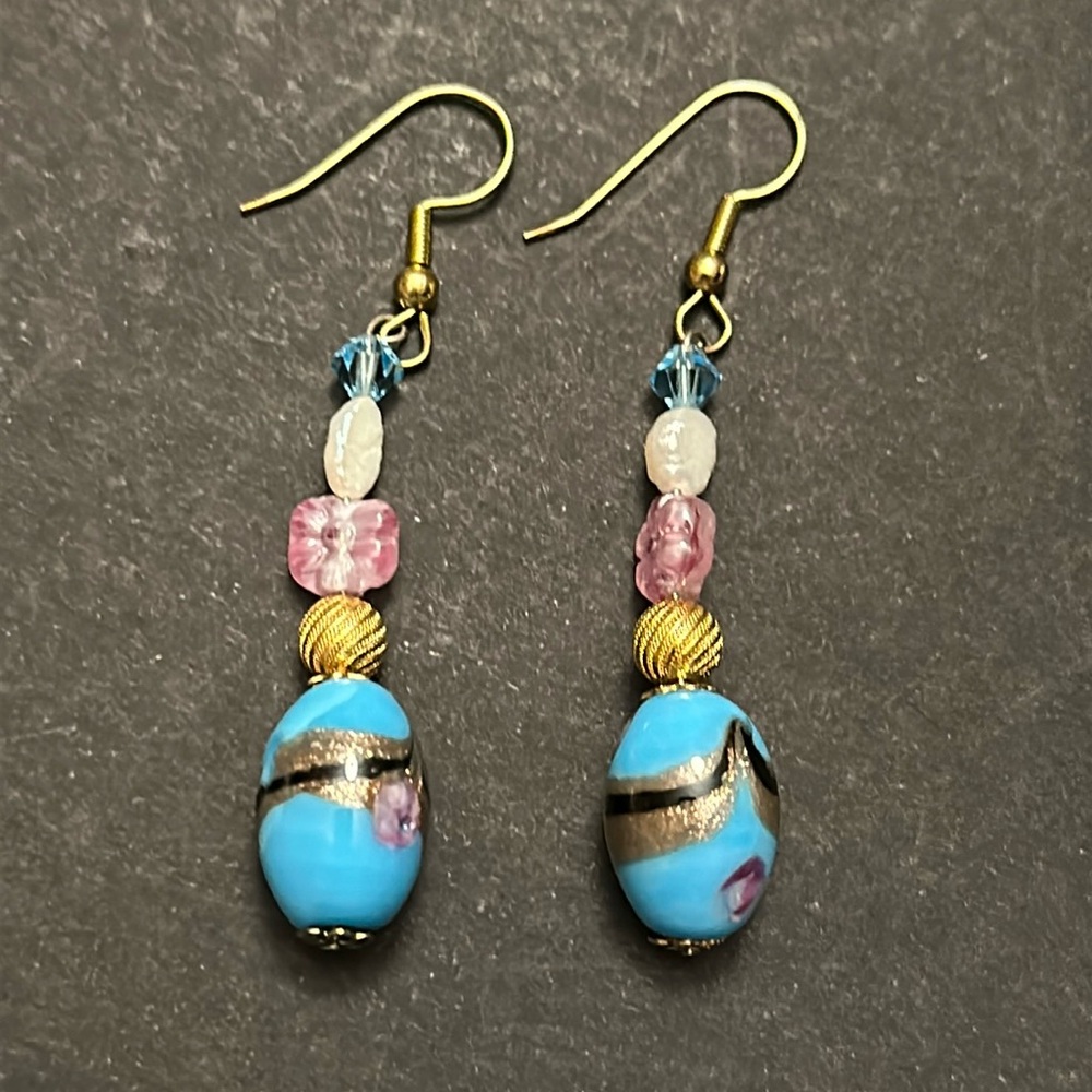 Blue Artisan Glass Faceted Crystal Fresh Water Pearl Gold Filigree Earrings